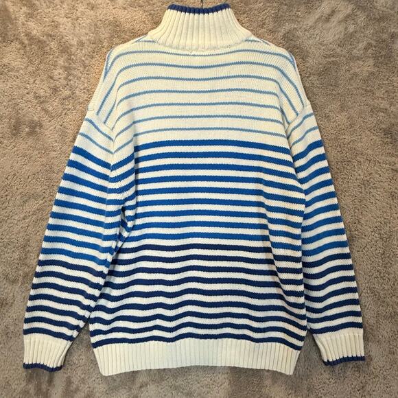 Vintage Bare Fox Blue White Stripe Pullover Ski Sweater M Medium 1/4 Zip - Picture 2 of 9